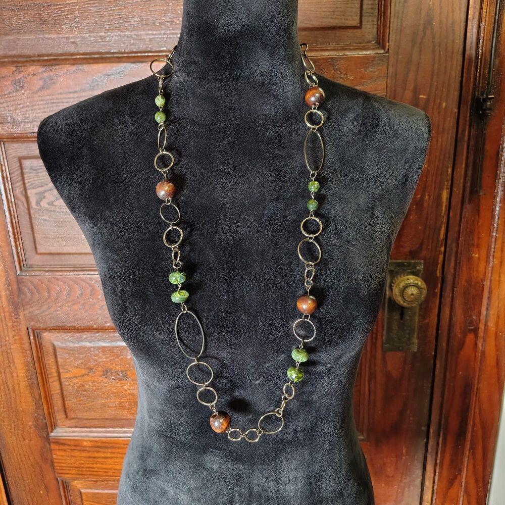 Long Bohemian Style Boho Chic Wood & Green Beaded Hammered Wired Loop...